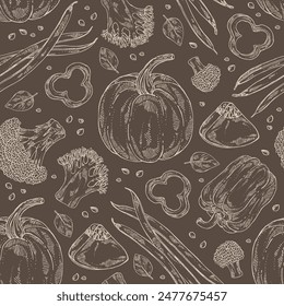 Seamless pattern with vegetables: broccoli, pumpkin, french green beans, pepper. Vector hand drawn illustration.