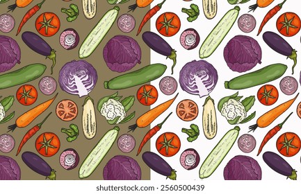 Seamless pattern with vegetables. Cabbage, eggplant, onion, carrot, tomato, pepper. Flat vector illustration for design