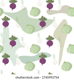 Repollo de verduras sin foco, cebolla, remolacha. diseño de una tienda de semillas, ecotecnia, productos orgánicos. boceto del doodle imprimiendo en tela para cosas de niños. Fondo para el banner, tarjeta de saludo. 