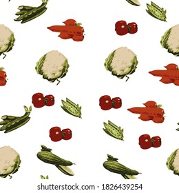 Seamless pattern of vegetables, cabbage, peas, zucchini, tomatoes,peas. carrots for fabric, labeling, printing on a t-shirt, kitchen Wallpaper, cafe, Banquet hall . The background style. Vector illust