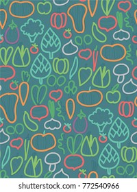 Seamless pattern with vegetables - cabbage, radish, peas, peppers, onions, garlic, apple, arugula, pumpkin, zucchini, eggplant, tomato, artichoke, mushroom, fennel, broccoli. Vector design for fabric.