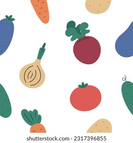 Seamless pattern with vegetables. For card, posters, banners, books, printing on the pack, clothes, fabric, wallpaper, textile or dishes.