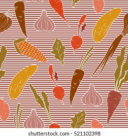 Seamless pattern with vegetables. Carrot, cucumber, onion, garlic, corn, potato, radish, beet, lettuce. Striped background. Hand drawn.