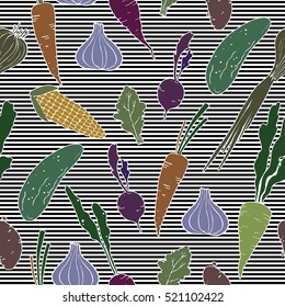 Seamless pattern with vegetables. Carrot, cucumber, onion, garlic, potato, corn, radish, beet, lettuce. Striped background. Hand drawn.