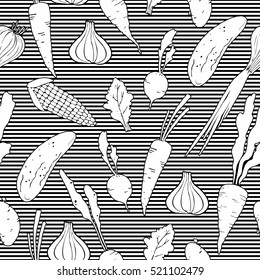 Seamless pattern with vegetables. Carrot, cucumber, onion, garlic, potato, corn, radish, beet, lettuce. Striped background. Black and white. Hand drawn.