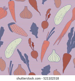 Seamless pattern with vegetables. Carrot, cucumber, onion, garlic, potato, corn, radish, beet, lettuce. Striped background. Hand drawn.