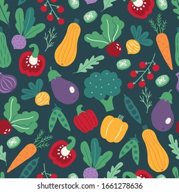 Seamless pattern with vegetables - carrot, pepper, beet, squash, cherry tomato, green peas, cucumber slices on dark background. Perfect for vegetarian, vegan restaurant, menu, healthy eating design