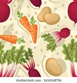 Seamless pattern of vegetables carrot potato and beet flat vector illustration on stylized background