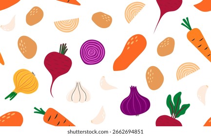 Padrão sem emenda com legumes: cenoura, batata, batata doce, beterraba, cebola, alho. Fundo saudável da comida vegetariana. Ilustração de vetor plana desenhada à mão