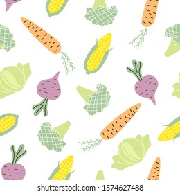 Seamless pattern with vegetables carrots, beets, corn, cabbage, broccoli. Vector illustration for printing on fabric, clothing, tableware, wrapping paper, Wallpaper. Cute baby background.