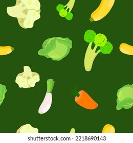 Seamless pattern vegetables carrots, broccoli, cauliflower on a green background. Vegetables in cartoon background for textile, packaging and kitchen design.
