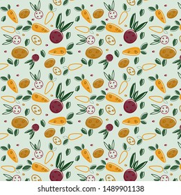 
Seamless pattern with vegetables, carrots, potatoes.