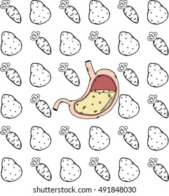 Seamless pattern of vegetables of carrots, potatoes and anatomical stomach. Concept of healthy food for the stomach.