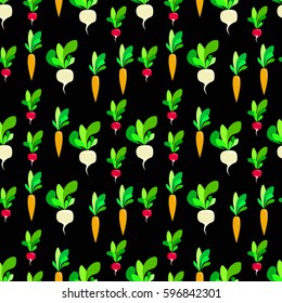 seamless pattern with vegetables: carrots, radishes and turnips  on black background. for textile, wrapping, background