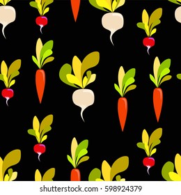 seamless pattern with vegetables: carrots, radishes and turnips