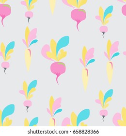 seamless pattern with vegetables: carrots, radishes and turnips. Vegetables of Sample shapes and unreal color. Trendy pattern for textile, tile, wallpaper, wrapping, packaging paper. Eco background