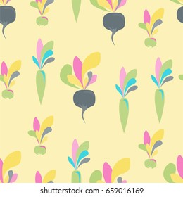 seamless pattern with vegetables: carrots, radishes and turnips. Vegetables of Sample shapes and unreal color. Trendy pattern for textile, tile, wallpaper, wrapping, packaging paper. Eco background