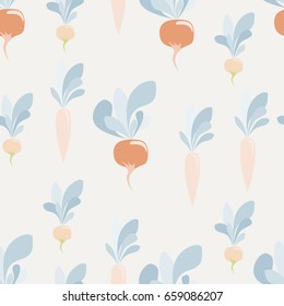 seamless pattern with vegetables: carrots, radishes and turnips. Vegetables of Sample shapes and unreal color. Trendy pattern for textile, tile, wallpaper, wrapping, packaging paper. Eco background