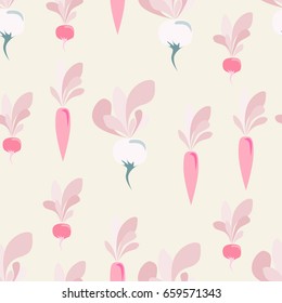 seamless pattern with vegetables: carrots, radishes and turnips. Vegetables of Sample shapes and unreal color. Trendy pattern for textile, tile, wallpaper, wrapping, packaging paper. Eco background