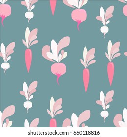 seamless pattern with vegetables: carrots, radishes and turnips. Vegetables of Sample shapes and unreal color. Trendy pattern for textile, tile, wallpaper, wrapping, packaging paper. Eco background