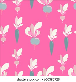 seamless pattern with vegetables: carrots, radishes and turnips. Vegetables of Sample shapes and unreal color. Trendy pattern for textile, tile, wallpaper, wrapping, packaging paper. Eco background