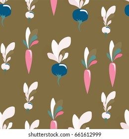 seamless pattern with vegetables: carrots, radishes and turnips. Vegetables of Sample shapes and unreal color. Trendy pattern for textile, tile, wallpaper, wrapping, packaging paper. Eco background