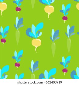 seamless pattern with vegetables: carrots, radishes and turnips. Vegetables of Sample shapes and unreal color. Trendy pattern for textile, tile, wallpaper, wrapping, packaging paper. Eco background