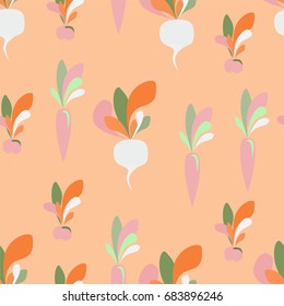seamless pattern with vegetables: carrots, radishes and turnips. Vegetables of Sample shapes and unreal color. Trendy pattern for textile, tile, wallpaper, wrapping, packaging paper. Eco background