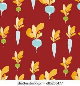 seamless pattern with vegetables: carrots, radishes and turnips. Vegetables of Sample shapes and unreal color. Trendy pattern for textile, tile, wallpaper, wrapping, packaging paper. Eco background