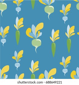 seamless pattern with vegetables: carrots, radishes and turnips. Vegetables of Sample shapes and unreal color. Trendy pattern for textile, tile, wallpaper, wrapping, packaging paper. Eco background