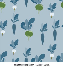 seamless pattern with vegetables: carrots, radishes and turnips. Vegetables of Sample shapes and unreal color. Trendy pattern for textile, tile, wallpaper, wrapping, packaging paper. Eco background