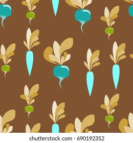 seamless pattern with vegetables: carrots, radishes and turnips. Vegetables of Sample shapes and unreal color. Trendy pattern for textile, tile, wallpaper, wrapping, packaging paper. Eco background
