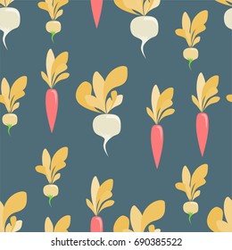 seamless pattern with vegetables: carrots, radishes and turnips. Vegetables of Sample shapes and unreal color. Trendy pattern for textile, tile, wallpaper, wrapping, packaging paper. Eco background