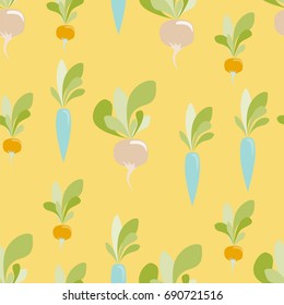 seamless pattern with vegetables: carrots, radishes and turnips. Vegetables of Sample shapes and unreal color. Trendy pattern for textile, tile, wallpaper, wrapping, packaging paper. Eco background