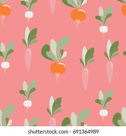 Seamless pattern with vegetables: carrots, radishes and turnips. Vegetables in unreal color. Trendy pattern for textile, tile, wallpaper, wrapping, packaging paper. Eco background
