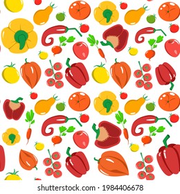 Patrón sin foco con verduras en un estilo de caricatura. Textura vectorial. Iconos planos pimienta, rábano, tomate. Comida vegetariana saludable.