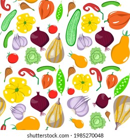 Seamless pattern with vegetables in a cartoon style. Vector texture. Flat icons pepper, cabbage, cucumber, pea, tomato. Vegetarian healthy food.