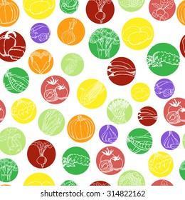 Seamless pattern with vegetables in colored circles on a white background. Vector illustration for your design