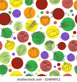 Seamless pattern with vegetables in colored circles. Vector illustration for your design