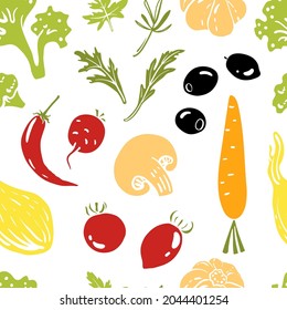 Patrón sin foco con verduras. Colorida colección de verduras y hierbas cortadas de papel aisladas en fondo blanco. Ilustración vectorial dibujada a mano de Doodle