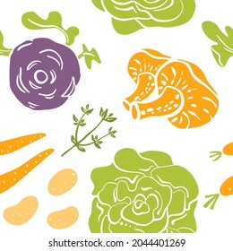 Seamless pattern with vegetables. Colorful paper cut collection of vegetables and herbs isolated on white background. Doodle hand drawn vector illustration