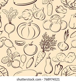 Seamless Pattern, Vegetables Contour Pictograms on Tile Beige Background. Vector