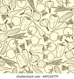 seamless pattern of vegetables contour. Vegetarian food background - onion, beet, carrot, garlic, cucumber, tomato, pepper.