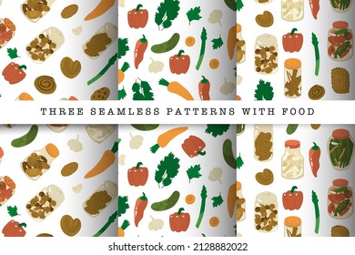 Seamless pattern with vegetables, cookies, canned food, pasta and nuts. Pickled cucumbers and tomatoes. Background for home paper and textile. Flat style in vector illustration. Isolated element.