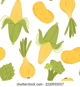 Seamless pattern with vegetables. Pattern with corn. broccoli, onions, potatoes, artichokes. Vector illustration. Drawn style.