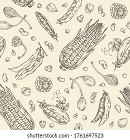 Seamless pattern with vegetables: corn, peas pod, beans pod, caper. Vector hand drawn illustration.