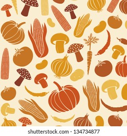 seamless pattern with vegetables (corncob, onion, tomato, mushroom, potato, chili pepper, beans, pumpkin, carrot)