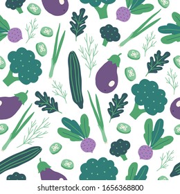 Seamless pattern with vegetables - cucumber, broccoli, arugula, green onion, dill, eggplant, beet on white background. Perfect for vegetarian, vegan restaurant, menu, healthy eating design, wallpaper