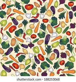 seamless pattern vegetables  cucumber eggplant garlic onion pepper paprika potatoes beets broccoli leek