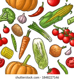 Seamless pattern vegetables. Cucumbers, Garlic, Corn, Pepper, Broccoli, Potato, Carrot, Onion, Eggplant and Tomato isolated on the white. Vector color vintage engraving illustration for poster, menu